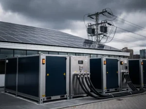 Industriële batterijopslag naast commercieel gebouw met zonnepanelen op dak, verbonden via dikke kabels aan overbelast elektriciteitsnet.
