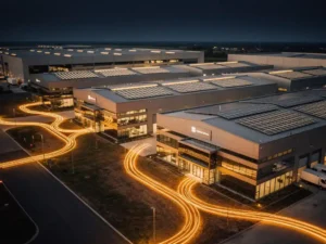Industrieel bedrijventerrein met zonnepanelen op daken en gloeiende ondergrondse energiekabels die gebouwen verbinden, luchtperspectief.