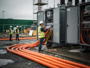 Elektricien in veiligheidsvest bij industriële transformatoren op bouwplaats, met oranje kabelgoten op de voorgrond.