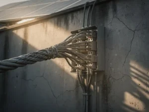 Gespannen industriële stroomkabel verbonden met overbelaste elektrische verdeelkast op verweerde betonnen muur, zonnepanelen zichtbaar op dak.