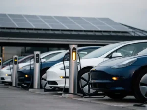 Elektrische bedrijfsvoertuigen opladen bij moderne laadstations op een bedrijfsparkeerplaats, met zonnepanelen op het dak erboven.