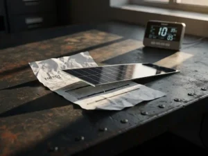 Verfrommelde energierekening onder zonnepaneel op verweerd bureau, digitale meter met wisselende waarden, warm middaglicht.