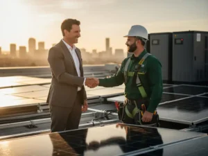 Ondernemer en zonne-energietechnicus schudden handen op commercieel dak met zonnepanelen en batterijopslag tijdens gouden uur.