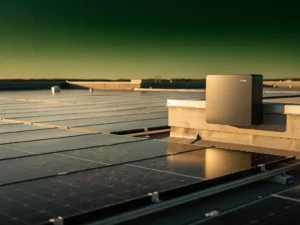 Zonnepanelen op plat commercieel dak met wandgemonteerde batterijopslag, verlicht door gouden avondzon.