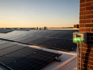 Commercieel dak met zonnepanelen in goudkleurig middaglicht, met een energiemeter op een bakstenen muur met groene indicatielampjes.