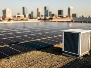 Commerciële zonnepanelen op plat grinddak met industriële batterijopslag, Rotterdam-skyline op de achtergrond.