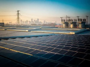Zonnepanelen op industrieel pakhuis in Rotterdam tijdens gouden uurtje, met hoogspanningsmasten en overbelast elektriciteitsnet op achtergrond.
