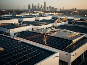 Industriële daken met zonnepanelen in Rotterdam verbonden door gloeiende energiestromen onder warm middagzonlicht.
