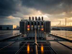 Industrieel transformatorstation op commercieel dak met zonnepanelen, oranje waarschuwingslichten en gespannen stroomkabel onder bewolkte Nederlandse lucht.